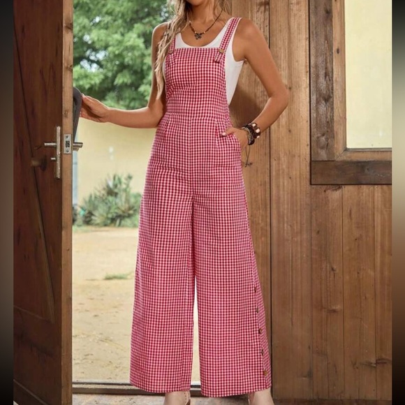 Classic Boho Gingham Knot Strap Pocket Overall Jumpsuit - Picture 5 of 5